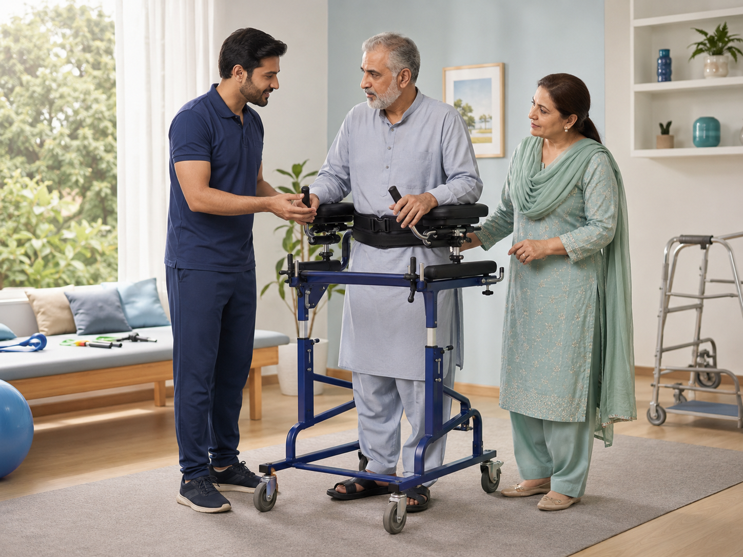 Person using mobility support equipment during an individual equipment review