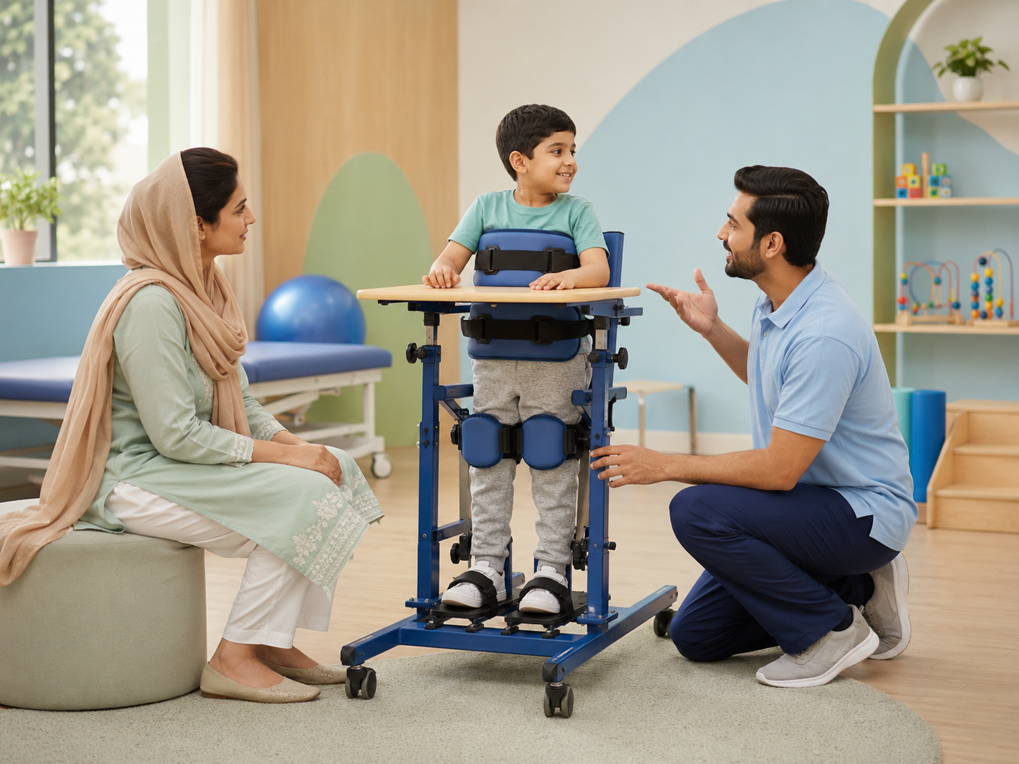 Person using standing support equipment during an individual equipment review